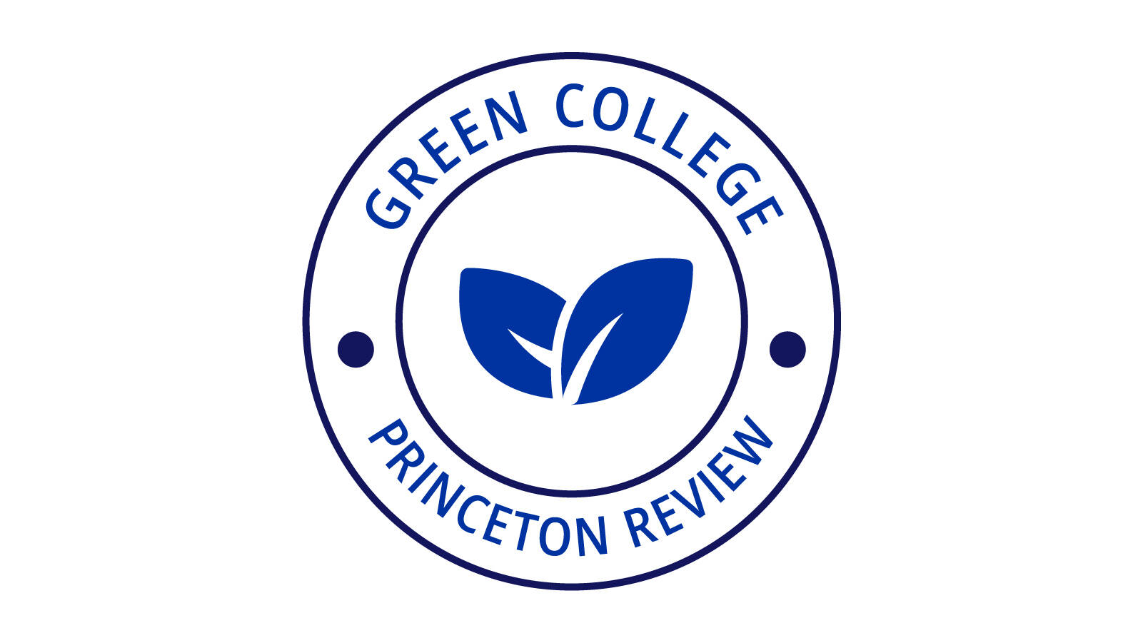 A circle with a pair of leaves in the center and the words, "Green College, Princeton Review" around them.